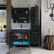 HD Paris Matt Black 80 komplett fürdőszoba bútor álló mosdószekrénnyel, matt fekete elemekkel, fényes fehér slim mosdóval és tükrös szekrénnyel