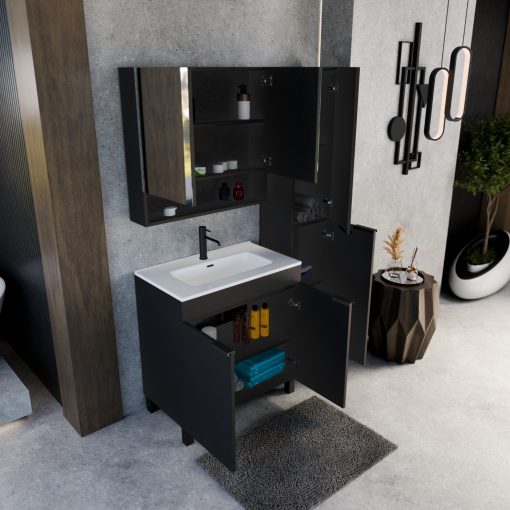 HD Paris Matt Black 80 komplett fürdőszoba bútor álló mosdószekrénnyel, matt fekete elemekkel, fényes fehér slim mosdóval és tükrös szekrénnyel
