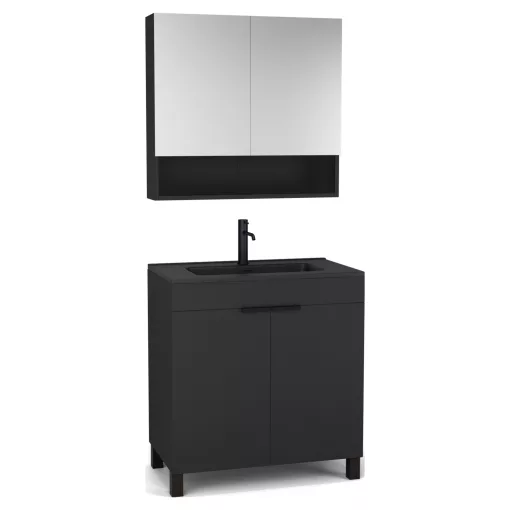 HD Paris Matt Black 80 komplett fürdőszoba bútor álló mosdószekrénnyel, matt fekete elemekkel, matt fekete slim mosdóval és tükrös szekrénnyel
