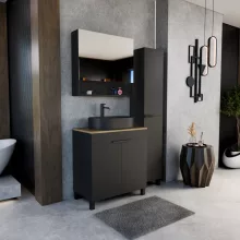 HD Paris Matt Black 80 komplett fürdőszoba bútor álló mosdószekrénnyel, matt fekete elemekkel, tölgyfa színű mosdópulttal és tükrös szekrénnyel