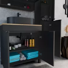 HD Paris Matt Black 80 komplett fürdőszoba bútor álló mosdószekrénnyel, matt fekete elemekkel, tölgyfa színű mosdópulttal és tükrös szekrénnyel
