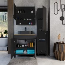 HD Paris Matt Black 80 komplett fürdőszoba bútor szett álló mosdószekrénnyel, matt fekete elemekkel, tölgyfa színű mosdópulttal, tükrös szekrénnyel és magasszekrénnyel