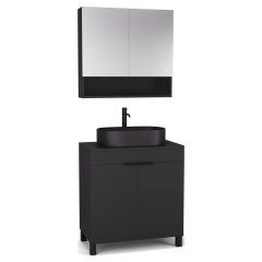   HD Paris Matt Black 80 komplett fürdőszoba bútor álló mosdószekrénnyel, matt fekete elemekkel, fekete mosdópulttal és tükrös szekrénnyel