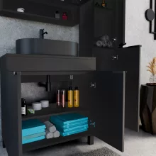 HD Paris Matt Black 80 komplett fürdőszoba bútor álló mosdószekrénnyel, matt fekete elemekkel, fekete mosdópulttal és tükrös szekrénnyel