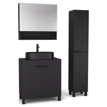 HD Paris Matt Black 80 komplett fürdőszoba bútor szett álló mosdószekrénnyel, matt fekete elemekkel, fekete mosdópulttal, tükrös szekrénnyel és magasszekrénnyel