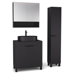   HD Paris Matt Black 80 komplett fürdőszoba bútor szett álló mosdószekrénnyel, matt fekete elemekkel, fekete mosdópulttal, tükrös szekrénnyel és magasszekrénnyel