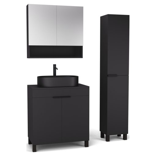 HD Paris Matt Black 80 komplett fürdőszoba bútor szett álló mosdószekrénnyel, matt fekete elemekkel, fekete mosdópulttal, tükrös szekrénnyel és magasszekrénnyel