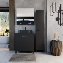 HD Paris Matt Black 80 komplett fürdőszoba bútor szett álló mosdószekrénnyel, matt fekete elemekkel, fekete mosdópulttal, tükrös szekrénnyel és magasszekrénnyel