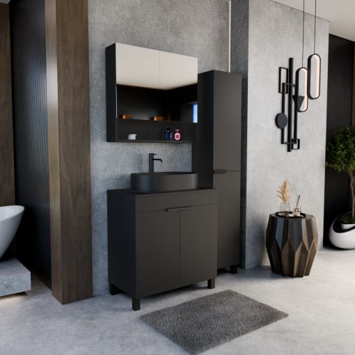 HD Paris Matt Black 80 komplett fürdőszoba bútor szett álló mosdószekrénnyel, matt fekete elemekkel, fekete mosdópulttal, tükrös szekrénnyel és magasszekrénnyel