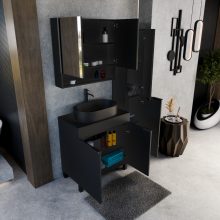 HD Paris Matt Black 80 komplett fürdőszoba bútor szett álló mosdószekrénnyel, matt fekete elemekkel, fekete mosdópulttal, tükrös szekrénnyel és magasszekrénnyel