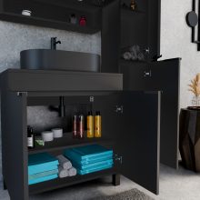 HD Paris Matt Black 80 komplett fürdőszoba bútor szett álló mosdószekrénnyel, matt fekete elemekkel, fekete mosdópulttal, tükrös szekrénnyel és magasszekrénnyel