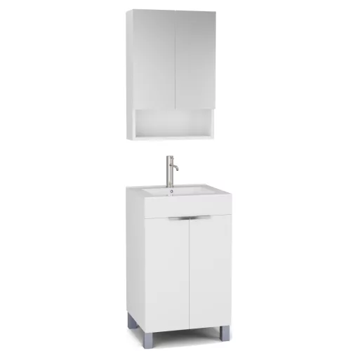 HD Paris Matt White 50 komplett fürdőszoba bútor álló mosdószekrénnyel, fényes króm elemekkel és tükrös szekrénnyel