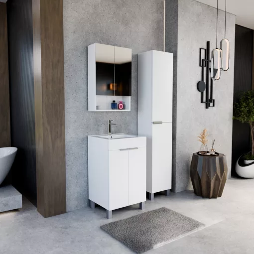 HD Paris Matt White 50 komplett fürdőszoba bútor álló mosdószekrénnyel, fényes króm elemekkel és tükrös szekrénnyel