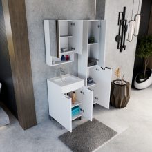 HD Paris Matt White 50 komplett fürdőszoba bútor álló mosdószekrénnyel, fényes króm elemekkel és tükrös szekrénnyel