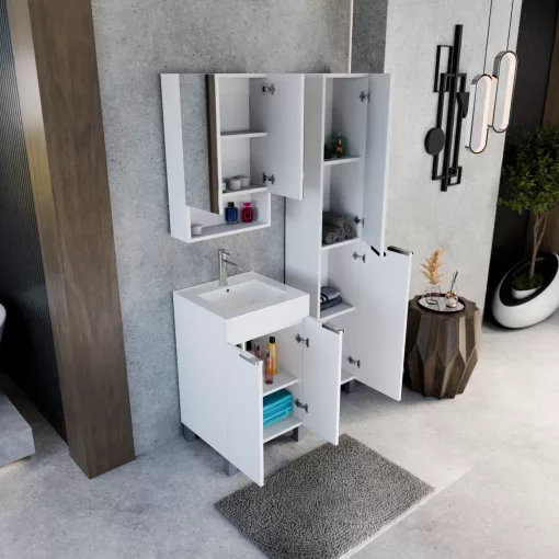 HD Paris Matt White 50 komplett fürdőszoba bútor álló mosdószekrénnyel, fényes króm elemekkel és tükrös szekrénnyel