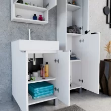 HD Paris Matt White 50 komplett fürdőszoba bútor álló mosdószekrénnyel, fényes króm elemekkel és tükrös szekrénnyel