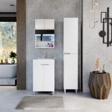 HD Paris Matt White 50 komplett fürdőszoba bútor szett álló mosdószekrénnyel, fényes króm elemekkel, tükrös szekrénnyel és magasszekrénnyel