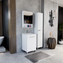 HD Paris Matt White 50 komplett fürdőszoba bútor szett álló mosdószekrénnyel, fényes króm elemekkel, tükrös szekrénnyel és magasszekrénnyel