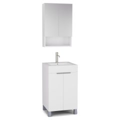   HD Paris Matt White 50 komplett fürdőszoba bútor álló mosdószekrénnyel, szálcsiszolt króm elemekkel és tükrös szekrénnyel