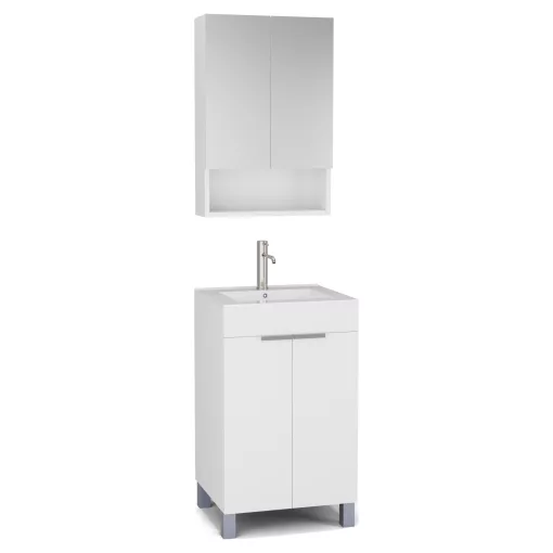 HD Paris Matt White 50 komplett fürdőszoba bútor álló mosdószekrénnyel, szálcsiszolt króm elemekkel és tükrös szekrénnyel