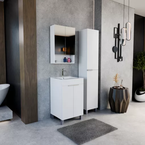 HD Paris Matt White 50 komplett fürdőszoba bútor álló mosdószekrénnyel, szálcsiszolt króm elemekkel és tükrös szekrénnyel