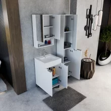 HD Paris Matt White 50 komplett fürdőszoba bútor álló mosdószekrénnyel, szálcsiszolt króm elemekkel és tükrös szekrénnyel