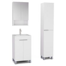 HD Paris Matt White 50 komplett fürdőszoba bútor szett álló mosdószekrénnyel, szálcsiszolt króm elemekkel, tükrös szekrénnyel és magasszekrénnyel