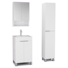   HD Paris Matt White 50 komplett fürdőszoba bútor szett álló mosdószekrénnyel, szálcsiszolt króm elemekkel, tükrös szekrénnyel és magasszekrénnyel