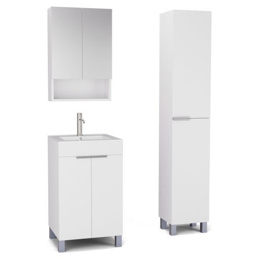 HD Paris Matt White 50 komplett fürdőszoba bútor szett álló mosdószekrénnyel, szálcsiszolt króm elemekkel, tükrös szekrénnyel és magasszekrénnyel