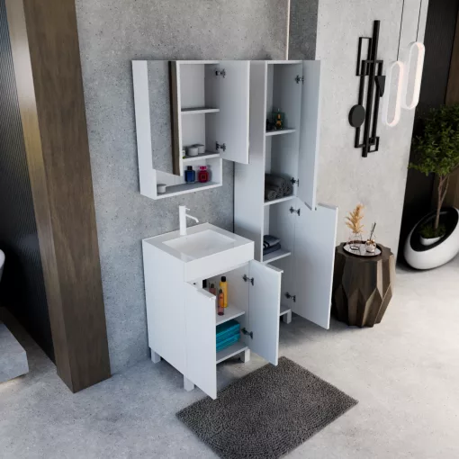 HD Paris Matt White 50 komplett fürdőszoba bútor álló mosdószekrénnyel, matt fehér elemekkel és tükrös szekrénnyel