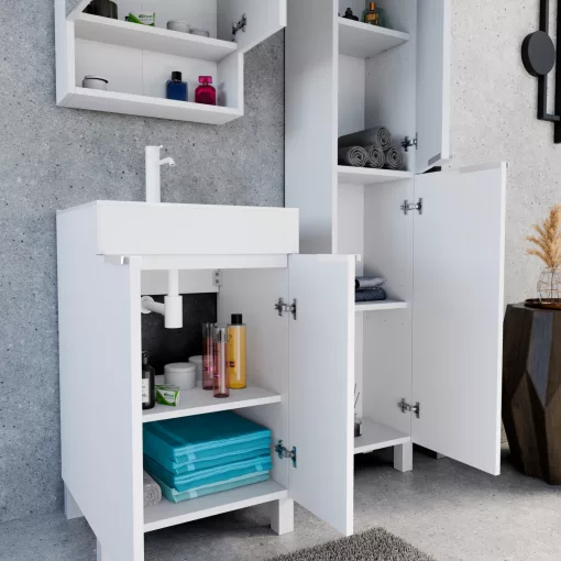 HD Paris Matt White 50 komplett fürdőszoba bútor álló mosdószekrénnyel, matt fehér elemekkel és tükrös szekrénnyel