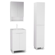 HD Paris Matt White 50 komplett fürdőszoba bútor szett álló mosdószekrénnyel, matt fehér elemekkel, tükrös szekrénnyel és magasszekrénnyel