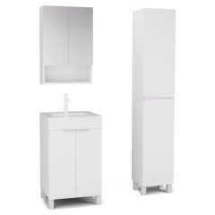   HD Paris Matt White 50 komplett fürdőszoba bútor szett álló mosdószekrénnyel, matt fehér elemekkel, tükrös szekrénnyel és magasszekrénnyel