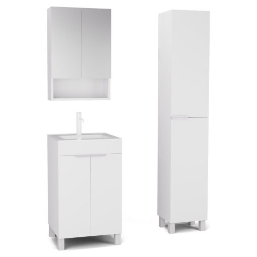 HD Paris Matt White 50 komplett fürdőszoba bútor szett álló mosdószekrénnyel, matt fehér elemekkel, tükrös szekrénnyel és magasszekrénnyel
