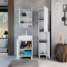 HD Paris Matt White 50 komplett fürdőszoba bútor szett álló mosdószekrénnyel, matt fehér elemekkel, tükrös szekrénnyel és magasszekrénnyel