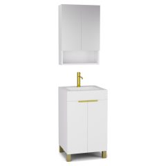   HD Paris Matt White 50 komplett fürdőszoba bútor álló mosdószekrénnyel, szálcsiszolt arany elemekkel és tükrös szekrénnyel