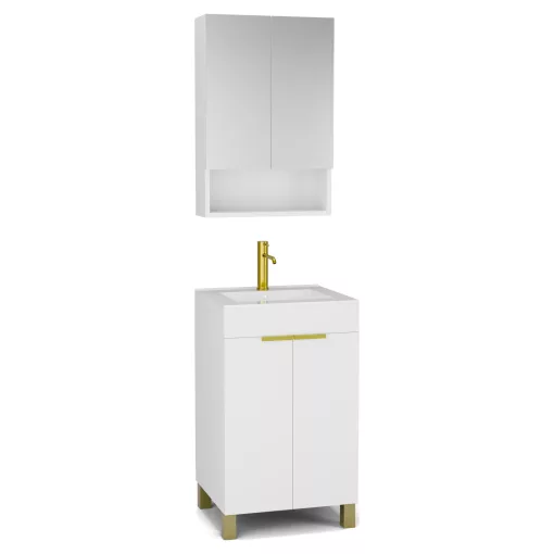 HD Paris Matt White 50 komplett fürdőszoba bútor álló mosdószekrénnyel, szálcsiszolt arany elemekkel és tükrös szekrénnyel