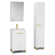 HD Paris Matt White 50 komplett fürdőszoba bútor szett álló mosdószekrénnyel, szálcsiszolt arany elemekkel, tükrös szekrénnyel és magasszekrénnyel