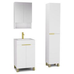   HD Paris Matt White 50 komplett fürdőszoba bútor szett álló mosdószekrénnyel, szálcsiszolt arany elemekkel, tükrös szekrénnyel és magasszekrénnyel