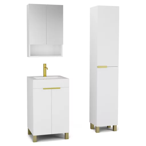 HD Paris Matt White 50 komplett fürdőszoba bútor szett álló mosdószekrénnyel, szálcsiszolt arany elemekkel, tükrös szekrénnyel és magasszekrénnyel