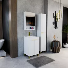 HD Paris Matt White 50 komplett fürdőszoba bútor szett álló mosdószekrénnyel, szálcsiszolt arany elemekkel, tükrös szekrénnyel és magasszekrénnyel