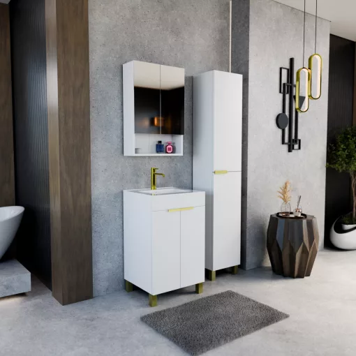 HD Paris Matt White 50 komplett fürdőszoba bútor szett álló mosdószekrénnyel, szálcsiszolt arany elemekkel, tükrös szekrénnyel és magasszekrénnyel