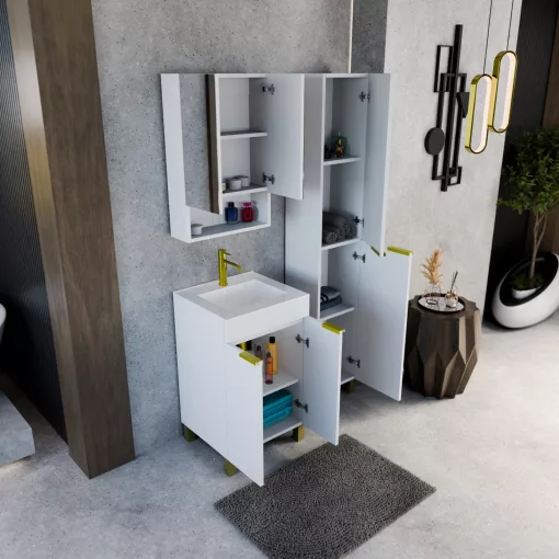 HD Paris Matt White 50 komplett fürdőszoba bútor szett álló mosdószekrénnyel, szálcsiszolt arany elemekkel, tükrös szekrénnyel és magasszekrénnyel