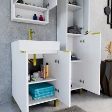 HD Paris Matt White 50 komplett fürdőszoba bútor szett álló mosdószekrénnyel, szálcsiszolt arany elemekkel, tükrös szekrénnyel és magasszekrénnyel