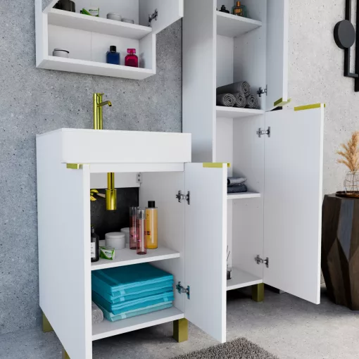 HD Paris Matt White 50 komplett fürdőszoba bútor szett álló mosdószekrénnyel, szálcsiszolt arany elemekkel, tükrös szekrénnyel és magasszekrénnyel