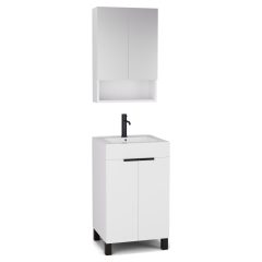   HD Paris Matt White 50 komplett fürdőszoba bútor álló mosdószekrénnyel, matt fekete elemekkel és tükrös szekrénnyel