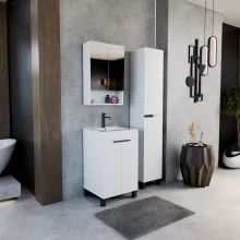 HD Paris Matt White 50 komplett fürdőszoba bútor álló mosdószekrénnyel, matt fekete elemekkel és tükrös szekrénnyel