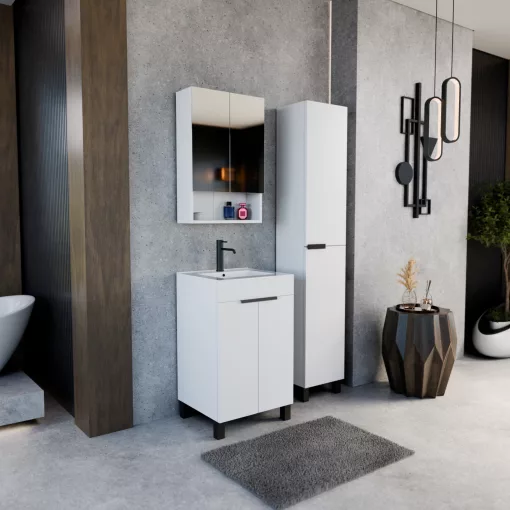 HD Paris Matt White 50 komplett fürdőszoba bútor álló mosdószekrénnyel, matt fekete elemekkel és tükrös szekrénnyel