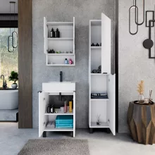 HD Paris Matt White 50 komplett fürdőszoba bútor álló mosdószekrénnyel, matt fekete elemekkel és tükrös szekrénnyel