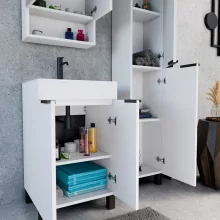 HD Paris Matt White 50 komplett fürdőszoba bútor álló mosdószekrénnyel, matt fekete elemekkel és tükrös szekrénnyel